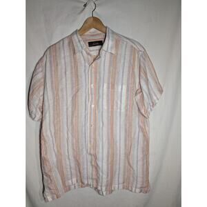 Tasso Elba Mens Short Sleeve Linen Blend Shirt Sz L Cream Pink Striped‎ Pocket